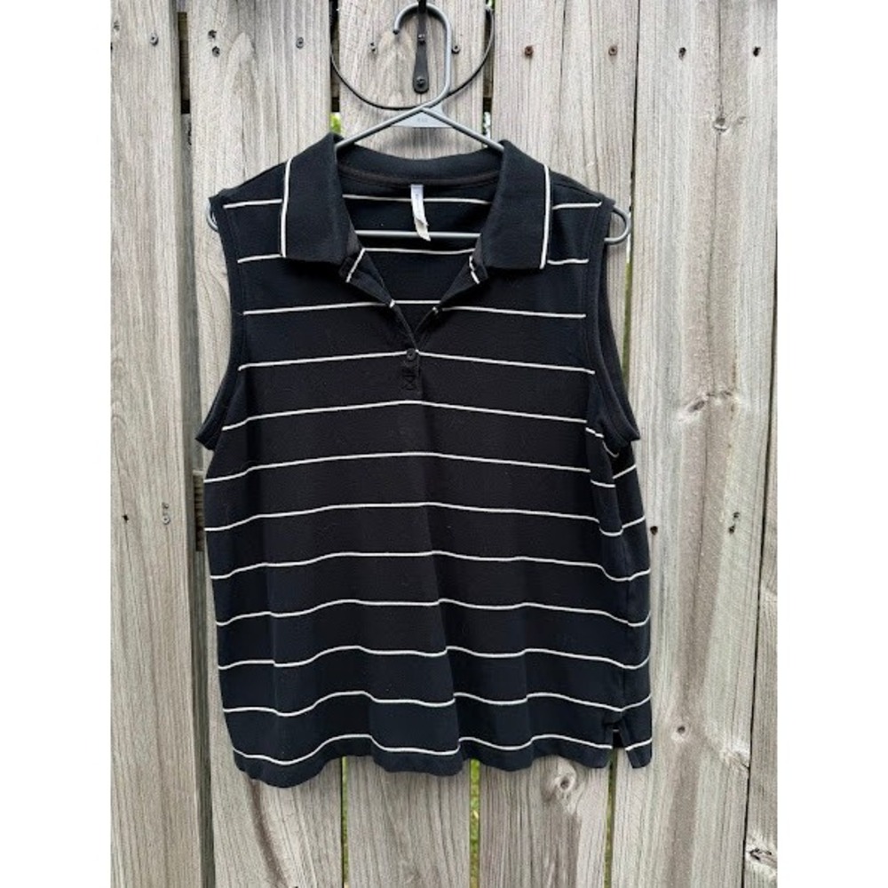 Preppy Nautical White Stag Sleeveless Polo Shirt Womens XL Black White Striped